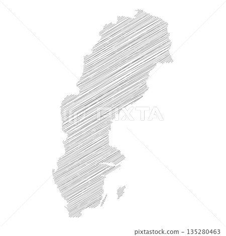 Sweden - pencil scribble sketch silhouette map of country area with dropped shadow. Simple flat vector illustration. 135280463