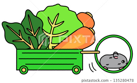 一幅滑稽的插圖，描繪了一隻倉鼠拉著一輛裝滿蔬菜的輪式小車。 135280478