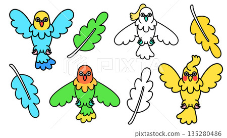 一幅可愛的插圖,描繪了一隻撲騰翅膀的鸚鵡及其翅膀的各個部分。 一幅可愛的插圖,描繪了一隻撲騰翅膀的鸚鵡及其翅膀的各個部分。 135280486