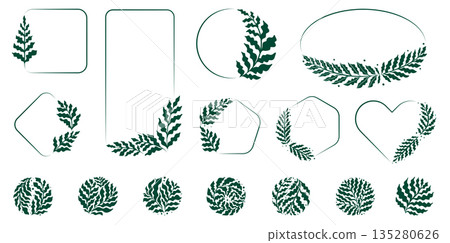 Set of decorative frames, wreaths and round logo elements with ferns, abstract tropical botanical plant design for organic branding and packaging 135280626