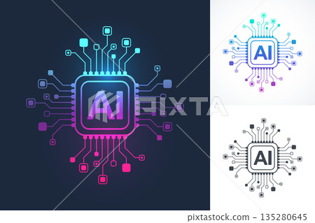 Artificial intelligence icon, sign, logo in the circuit line style. AI processor vector icon flat design. Motherboard digital chip AI. Machine learning design Artificial intelligence icon, sign, logo in the circuit line style. AI processor vector icon flat design. Motherboard digital chip AI. Machine learning design 135280645