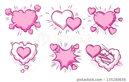 Set of Valentine speech bubbles. Romantic clouds and backgrounds in comic style. Love greeting cards. 135280656