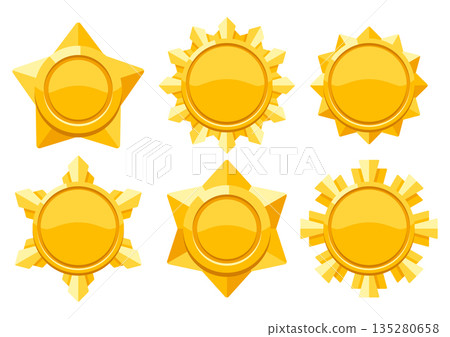 Set of gold medals with ribbon. Game award for the winners. Illustration of prize for sports competitions. Set of gold medals with ribbon. Game award for the winners. Illustration of prize for sports competitions. 135280658