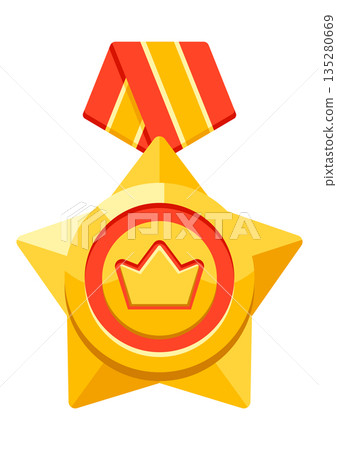 Gold medal with ribbon and crown. Game award for the winners. Illustration of prize for sports competitions. Gold medal with ribbon and crown. Game award for the winners. Illustration of prize for sports competitions. 135280669