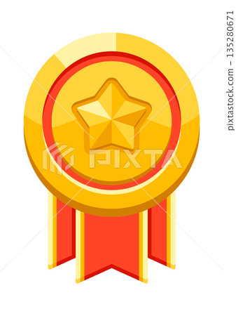 Gold medal with ribbons and star. Game award for the winners. Illustration of prize for sports competitions. Gold medal with ribbons and star. Game award for the winners. Illustration of prize for sports competitions. 135280671