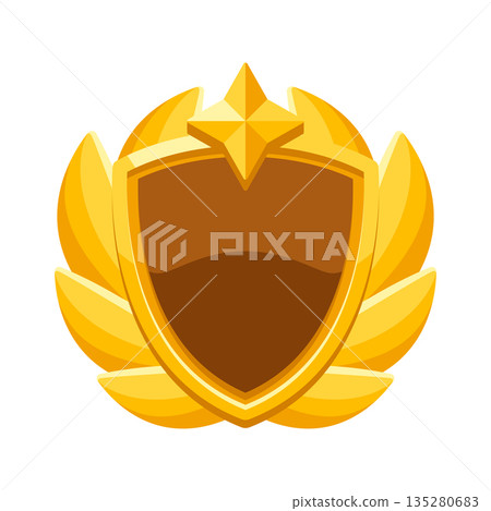 Gold shield with ribbon and star. Game award for the winners. Illustration of prize for sports competitions. Gold shield with ribbon and star. Game award for the winners. Illustration of prize for sports competitions. 135280683