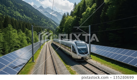 Modern electric train traveling along scenic railway tracks surrounded by lush green forests and solar panels, showcasing sustainable transportation in a mountainous landscape 135280699