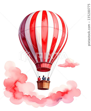一幅紅色熱氣球的水彩插圖 135280775