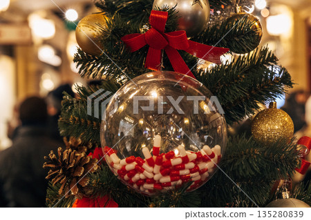 New Year decorations and Christmas atmosphere on a winter street in Moscow 135280839