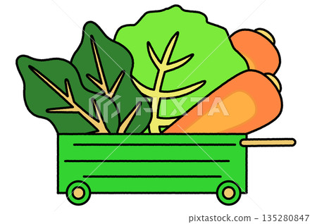 一輛裝滿蔬菜的綠色手推車的簡單插圖 135280847