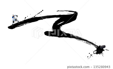 Conceptual poster hockey player striking puck with powerful skating motion. Conceptual poster hockey player striking puck with powerful skating motion. 135280943