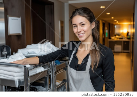 Smiling maid in black shirt stands confidently beside a metallic housekeeping cart filled with fresh linens, showcasing her role in hotel hospitality and service 135280953