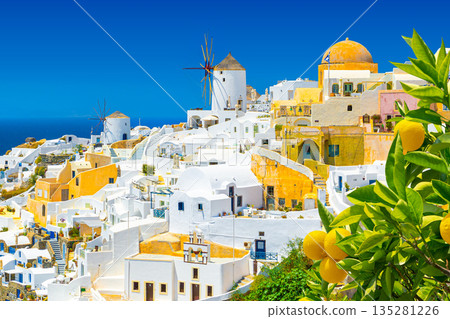 View of Oia the most beautiful village of Santorini island in Greece. 135281226