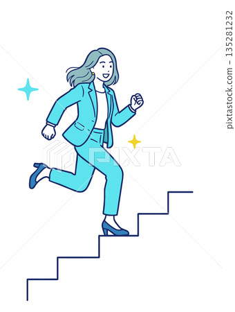 Illustration of a businesswoman running smoothly up the stairs of growth | Concept of progress and career advancement Illustration of a businesswoman running smoothly up the stairs of growth | Concept of progress and career advancement 135281232