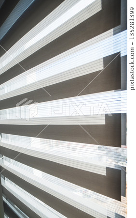 Close-up detail of zebra roller blinds fabric texture with alternating sheer and opaque stripes in modern interior Close-up detail of zebra roller blinds fabric texture with alternating sheer and opaque stripes in modern interior 135281399