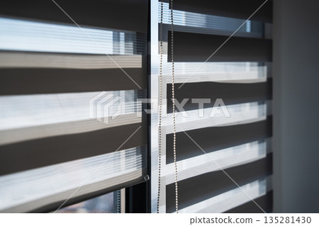 View of Zebra Window Blinds With Soft Light and Shadow Forming Modern Interior Pattern and Background View of Zebra Window Blinds With Soft Light and Shadow Forming Modern Interior Pattern and Background 135281430