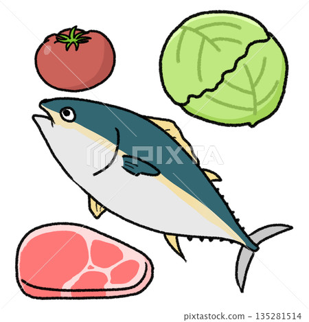 Simple illustration of meat, fish and vegetables Simple illustration of meat, fish and vegetables 135281514