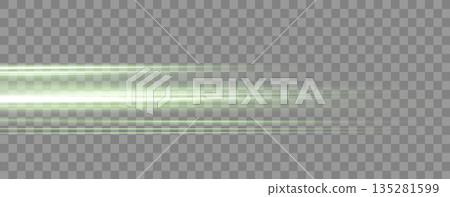 Speed rays, velocity light neon flow, zoom in motion effect, green glow speed lines, colorful light trails, stripes. Abstract background, vector illustration. 135281599