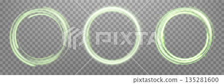 Green magic ring with glowing. Neon realistic energy flare halo ring. Abstract light effect on transparent background. Vector illustration. Green magic ring with glowing. Neon realistic energy flare halo ring. Abstract light effect on transparent background. Vector illustration. 135281600