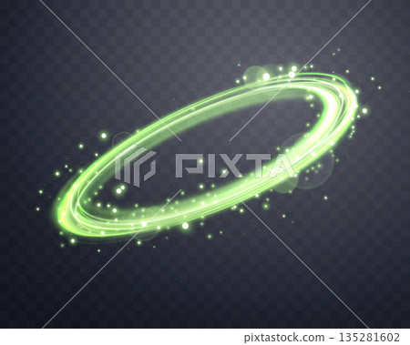 Glowing green magic rings. Dynamic orbital flare halo ring. Neon realistic energy swoosh swirl. Abstract light effect on a dark transparent background. Vector illustration. 135281602