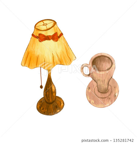 Desk lamp with yellow lampshade, porcelain cup, retro vintage style Hand drawn with colored pencils isolated set. For interior magazines designs, furniture shops, street and charity markets, clip art. 135281742