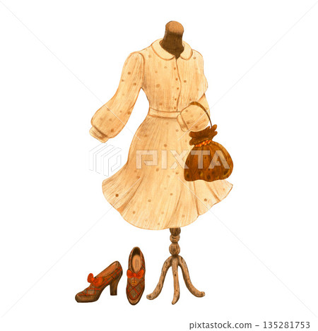 Dress on mannequin, women's shoes and bag in retro vintage style. Hand drawn with colored pencils illustration. For fashion magazines and designs, clothes shops, street and charity markets, clip art. 135281753