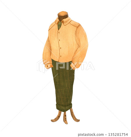 Men's shirt and trousers on mannequin in retro vintage style. Hand drawn with colored pencils illustration. For fashion magazines and designs, clothes shops, street and charity markets, clip art. Men's shirt and trousers on mannequin in retro vintage style. Hand drawn with colored pencils illustration. For fashion magazines and designs, clothes shops, street and charity markets, clip art. 135281754