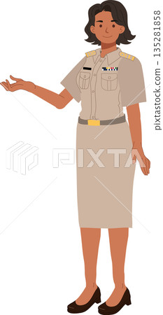 professional female government employee standing in formal uniform with presentation gesture professional female government employee standing in formal uniform with presentation gesture 135281858