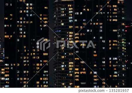 High-rise apartments at night, tower apartments, densely packed apartment buildings along Tokyo Bay 135281937