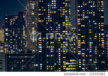 High-rise apartments at night, tower apartments, densely packed apartment buildings along Tokyo Bay 135281961