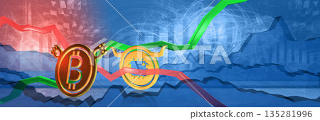 semiconductor price growth in bitcoin. world wide expensive cost of computer components concept. 3D illustration of bullish microchip market trend due to chip shortage. ai technology data banner 135281996