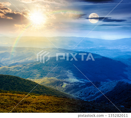 mountain landscape with rolling hills. day and night time change concept. summer countryside scenery with view in to valley and forested slopes with sun and moon. duality and transition template 135282011