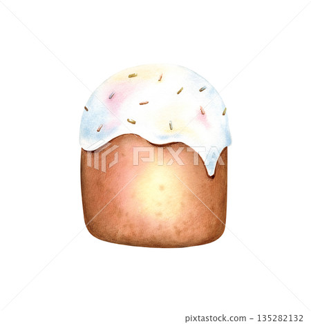 Easter cake. Traditional Happy Easter dessert with white icing and sprinkles. Spring holiday bakery. Watercolor illustration and hand drawn colored pencils elements. Clip art isolated from background 135282132
