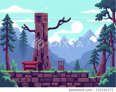 Enchanted Forest with Tower and Mountains in Pixel Art Style Enchanted Forest with Tower and Mountains in Pixel Art Style 135282171