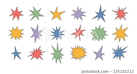 Irregular star shape icons set. Abstract starburst symbol. Color comic burst sticker. Graphic design collage element. Spiky cartoon figure. Vector illustration isolated on white background 135282212