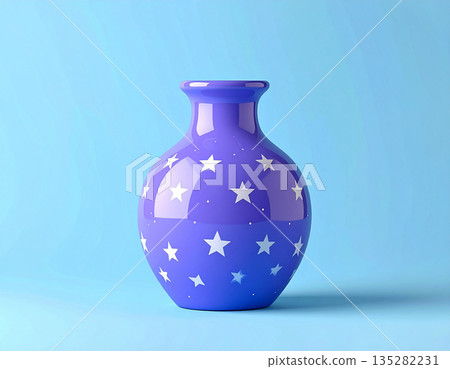 Home space. Ceramic vase in violet tones with a pattern of stars on a white background. Modern minimalist vase. Night style. Home space. Ceramic vase in violet tones with a pattern of stars on a white background. Modern minimalist vase. Night style. 135282231