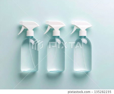 Eco-friendly trends. Three transparent sprays in a row on a white background. Disinfectant, glass cleaner, all-purpose surface cleaner. Mockup for branding cleaning product. Eco-friendly trends. Three transparent sprays in a row on a white background. Disinfectant, glass cleaner, all-purpose surface cleaner. Mockup for branding cleaning product. 135282235