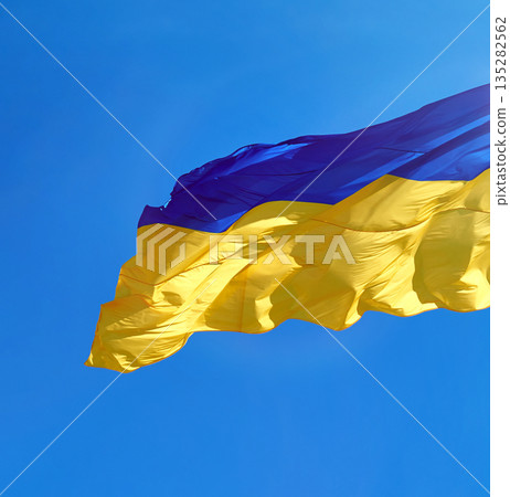The national flag of Ukraine against a clear blue sky The national flag of Ukraine against a clear blue sky 135282562