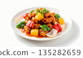 Closeup of Crispy Sweet and Sour Pork Served on White Plate with Colorful Bell Peppers and Pineapple, Traditional Asian Cuisine 135282659