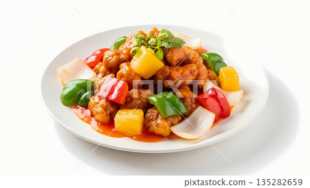 Closeup of Crispy Sweet and Sour Pork Served on White Plate with Colorful Bell Peppers and Pineapple, Traditional Asian Cuisine 135282659