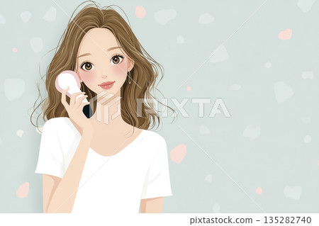 一位年輕女子正在使用臉部美容儀進行護膚的插圖 | 美容與自我護理時光 135282740