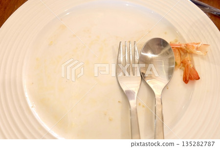 White Empty Plate with Spoon Fork After Delicious Meal White Empty Plate with Spoon Fork After Delicious Meal 135282787