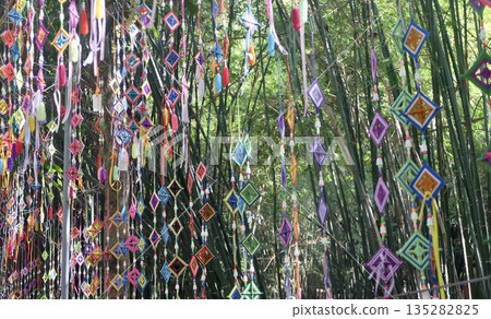 Colorful Square Spiderweb Flags Decorating Buddhist Ceremony Colorful Square Spiderweb Flags Decorating Buddhist Ceremony 135282825