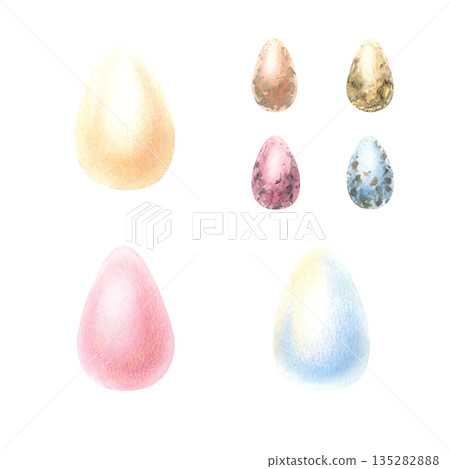 Easter egg watercolor set. Chicken and quail eggs in pastel delicate color. Yellow, pink, blue holiday food in shell. Hand drawn illustration with colored pencils strokes isolated from background Easter egg watercolor set. Chicken and quail eggs in pastel delicate color. Yellow, pink, blue holiday food in shell. Hand drawn illustration with colored pencils strokes isolated from background 135282888
