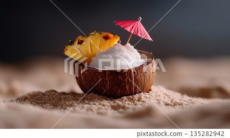 A tropical smoothie served inside a coconut shell, garnished with pineapple slices and a small umbrella	 135282942
