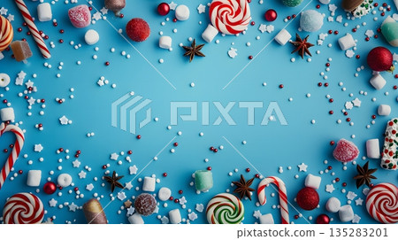 藍色背景上的聖誕糖果相框 藍色背景上的聖誕糖果相框 135283201