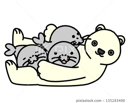 一幅溫馨的插圖，描繪了一隻北極熊抱著一隻海豹。 135283400