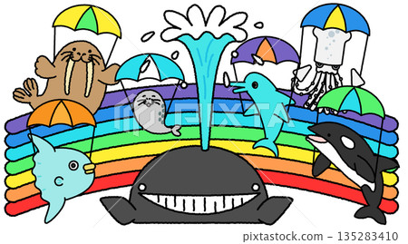 A lively summer illustration of marine life gathering at an aquarium A lively summer illustration of marine life gathering at an aquarium 135283410