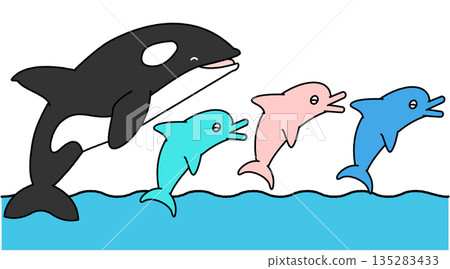 水族館裡虎鯨和海豚躍出水面的表演插圖 135283433