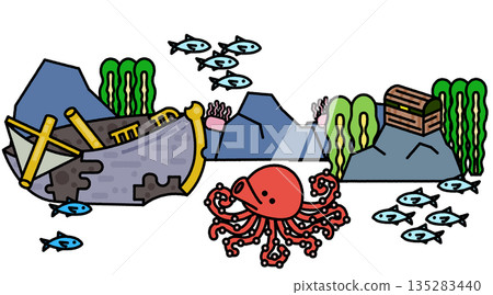 以沉船和海洋生物為主題的水下插畫背景 135283440